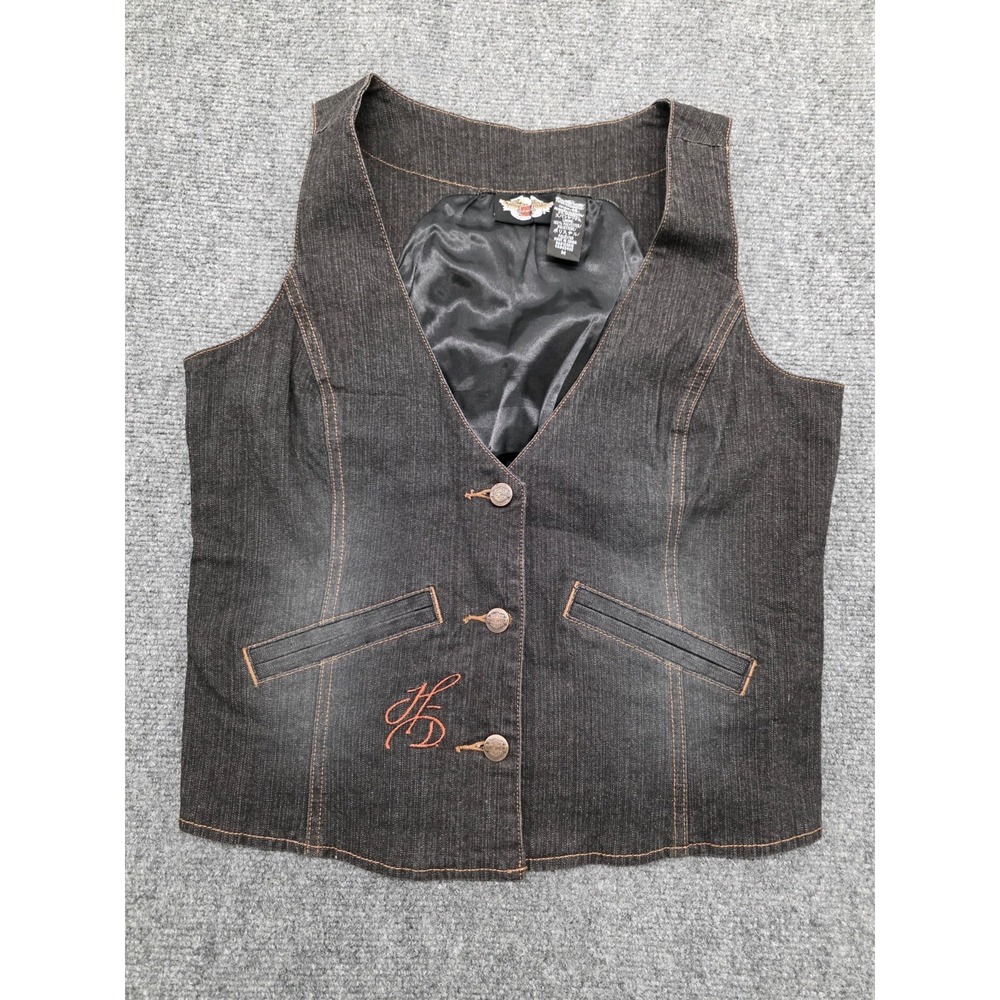 Harley Davidson Wonderland Women's Dark Denim Button Up Vest Sz. M Embroidered